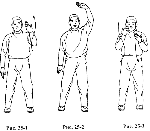 Рисунок 25-1, 2 и 3. Упражнение 3 - «Регуляция селезенки и желудка поднятием руки» Комплекс 4. СТОЯЧИЙ БАДУАНЬЦЗИНЬ