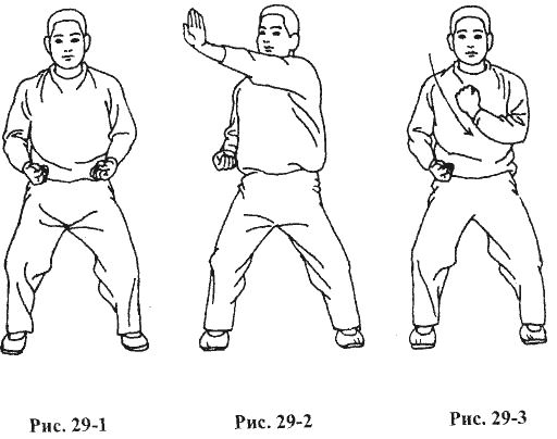 Рисунок 29-1,2,3 и 4. Упражнение 7 - «Увеличение силы сжимая руки – широко раскрыть глаза» Комплекс 4. СТОЯЧИЙ БАДУАНЬЦЗИНЬ